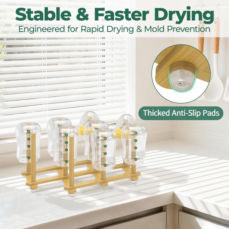 EsLuker.ly Baby Bottle Drying Rack Bamboo Vertical Dryer Holder, Foldable Space Saving for 10 Milk Glass Bottle Countertop, Wooden Drain Stand Shelf for New Parents - Image 4
